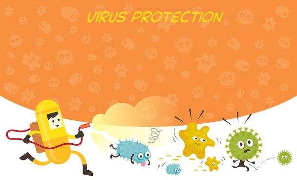 Man in Protective Suit Run Spraying Germ Characters - Vector, Image