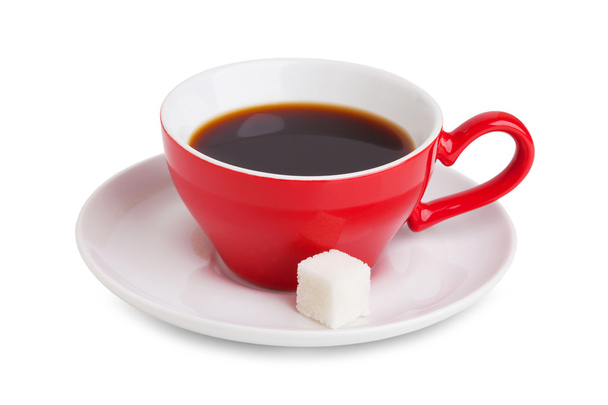 Red cup of coffee and a slice of white sugar on a saucer - Foto, immagini