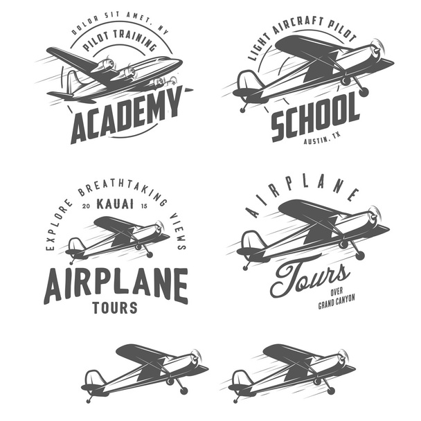Light airplane related emblems, labels and design elements - Vector, imagen