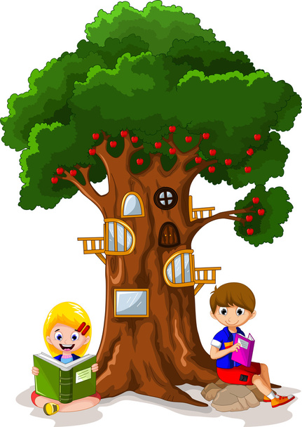 Dziecka, czytanie książki pod drzewem - Wektor, obraz