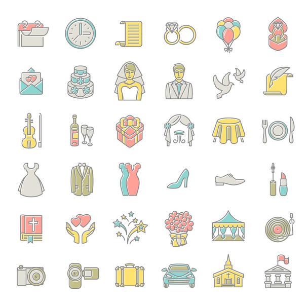Modern flat linear colorful vector wedding icons - Vector, Image