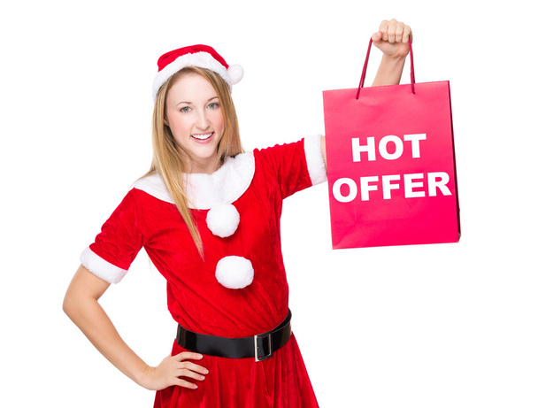 Frau im Weihnachtskostüm mit Einkaufstasche - Foto, Bild