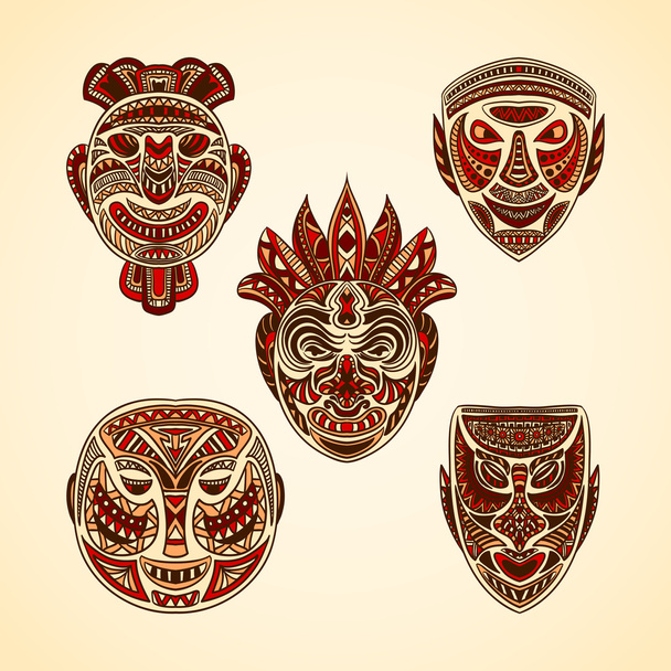 Collection of Tribal mask. Retro hand drawn vector illustration - Vector, Image