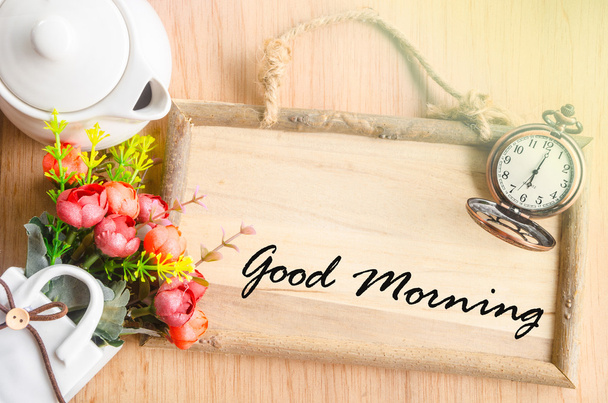 Good morning text in blank wooden photo frame - 写真・画像