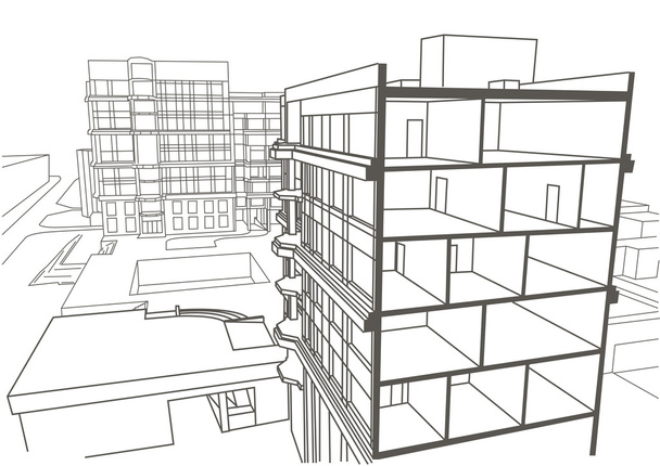 Bosquejo lineal arquitectónico edificio de apartamentos de varios pisos. Dibujo seccional
 - Vector, Imagen