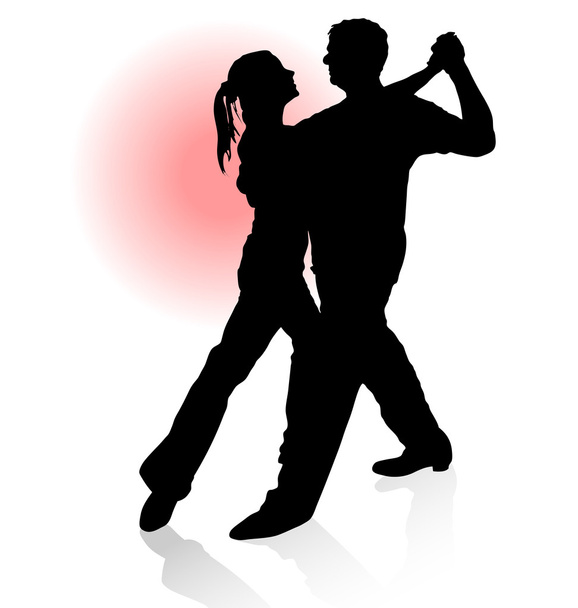 Vector silhouette of couple dancing tango with red sun on backgr - Διάνυσμα, εικόνα