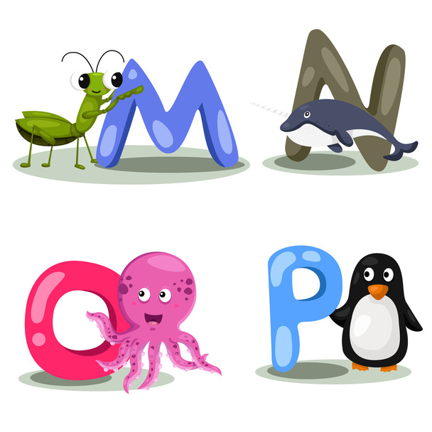 Illustrator Alphabet Tierbuchstaben - m, n, o, p - Vektor, Bild