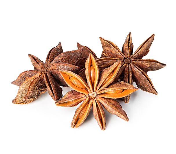 Star anise spice fruits and seeds isolated on white background - Photo, Image