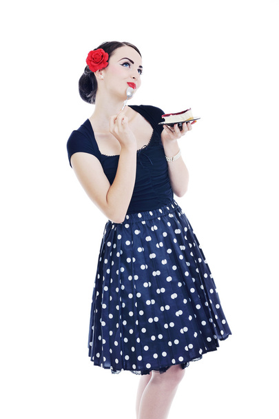Pretty young happy woman eat cake - Фото, изображение