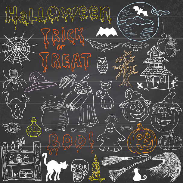 Sketch of halloween design elements with punpkin, witch, black cat, ghost, skull, bats, spiders with web. Doodles set with Lettering, Hand-Drawn Vector Illustration on chalkboard background - Вектор,изображение