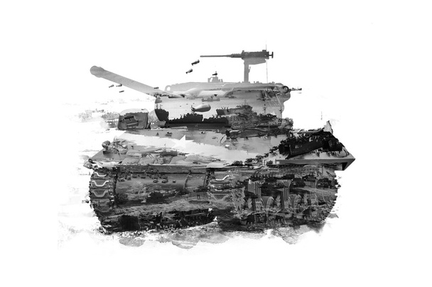 Dupla expozíció harckocsik és katonai kép - Fotó, kép