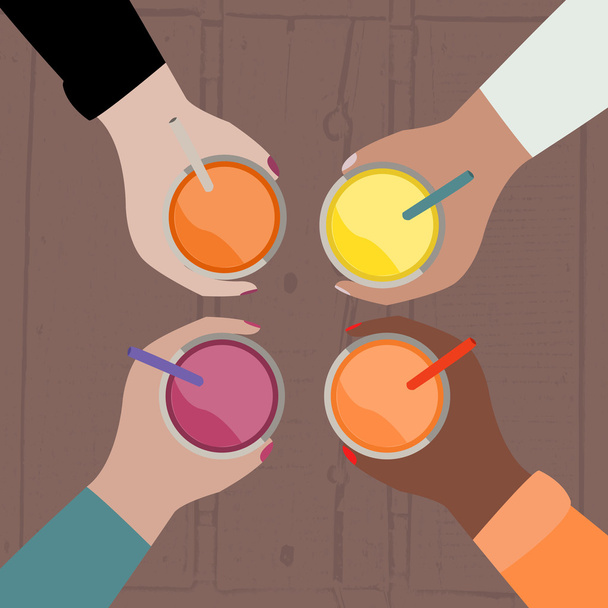 vector colorful illustration of fruit cocktails in hands with vi - Vektor, obrázek