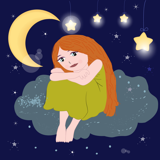 Cute girl sitting on the cloud night sky vector - Vector, Image