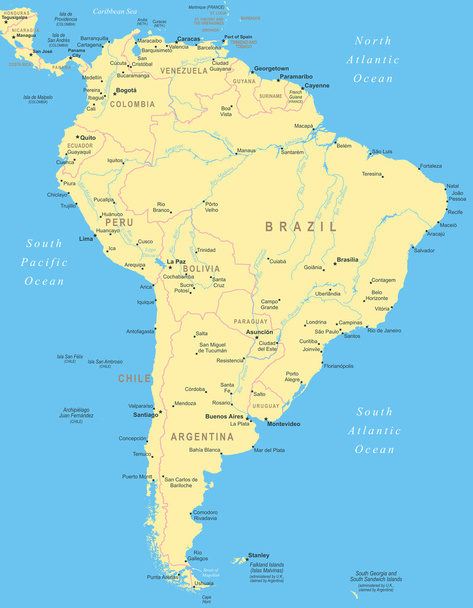 Zuid-Amerika - kaart - illustratie. - Vector, afbeelding