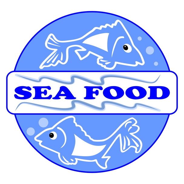 Tengeri élelmiszer címke vagy óriásplakát két aranyos hal rajzfilmek. Célja a kék kör felirat tengeri ételeket. Vektoros EPS-10. Hasznos étterem reklám vagy hal termékek. - Vektor, kép