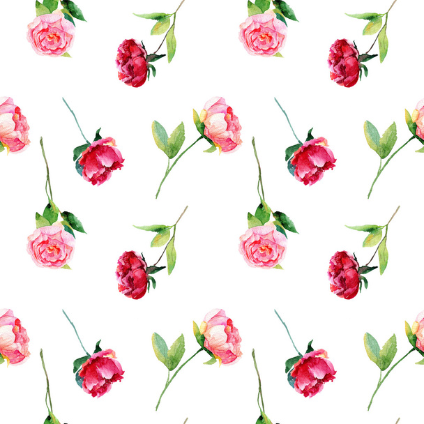 Varrat nélküli mintát a piros, rózsaszín pünkösdi rózsa, levelek. - Fotó, kép