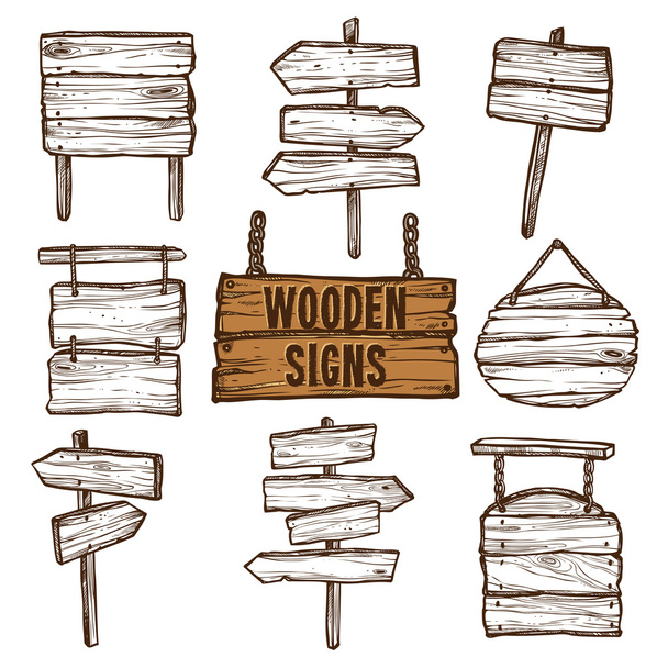 Wooden Signs Sketch Set  - Vector, Image