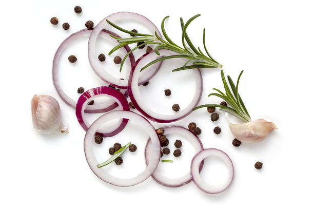 Food Background Onion Rings Peppercorns Rosemary and Garlic Isol - Photo, Image
