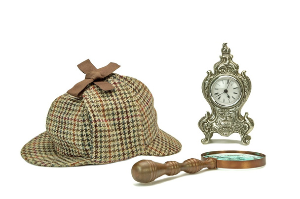 Sherlock Holmes Deerstalker kap, Vintage Büyüteç ve Ol - Fotoğraf, Görsel