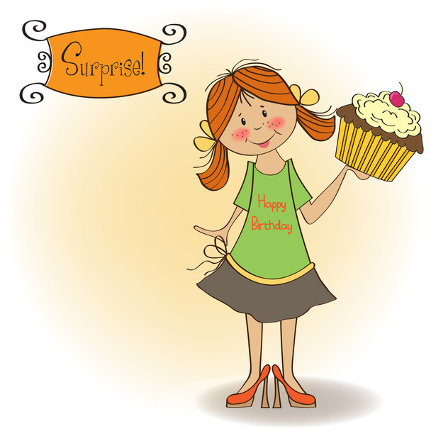 Születésnapi üdvözlőlap a lány és a nagy cupcake - Fotó, kép
