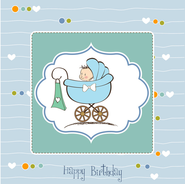 Baby boy announcement card with baby and pram - Foto, afbeelding