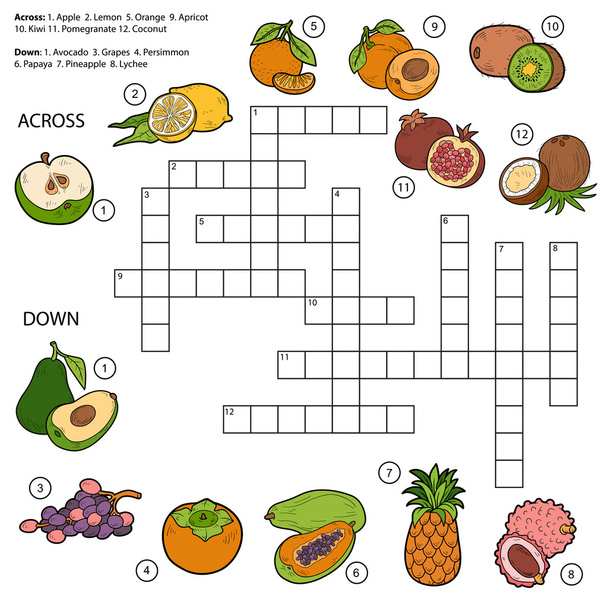 ベクトル クロスワード、果物についての子供のためのゲーム - ベクター画像