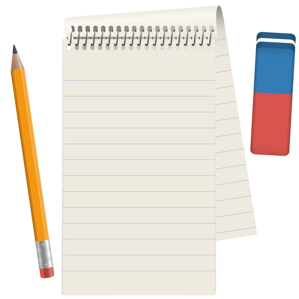 Бумажный блокнот с карандашом и ластиком
 - Вектор,изображение