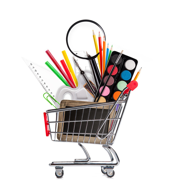 School accessories in shopping basket - Φωτογραφία, εικόνα