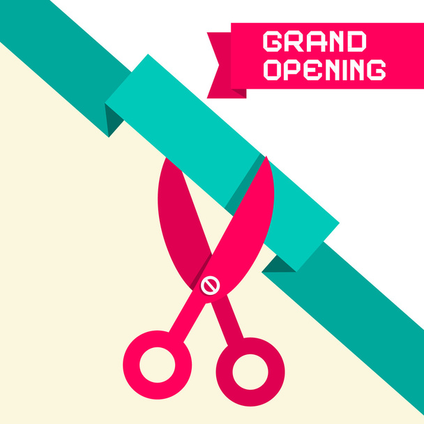 Grand Opening Retro Flat Design Vector Illustration with Scissors and Paper Ribbon - Vector, Image