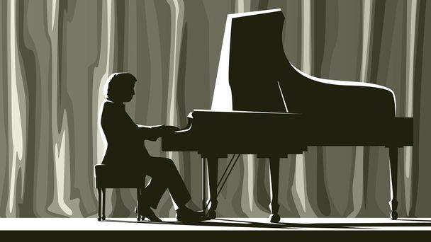 Silhouet pianist in concertzaal in het middelpunt van de belangstelling. - Vector, afbeelding