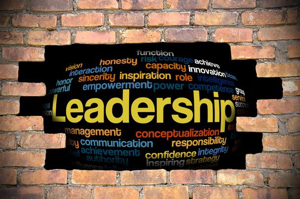 Hole at the brick wall with leadership word cloud inside - Photo, Image