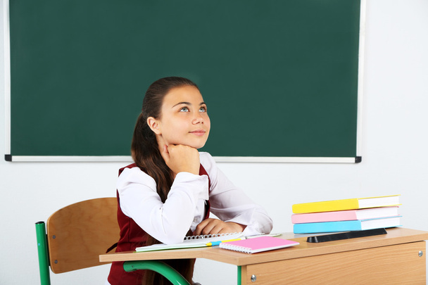 Beautiful little schoolgirl in classroom near blackboard - Фото, зображення