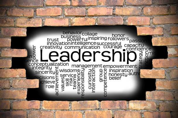 Agujero en la pared de ladrillo con nube palabra de liderazgo dentro
 - Foto, imagen