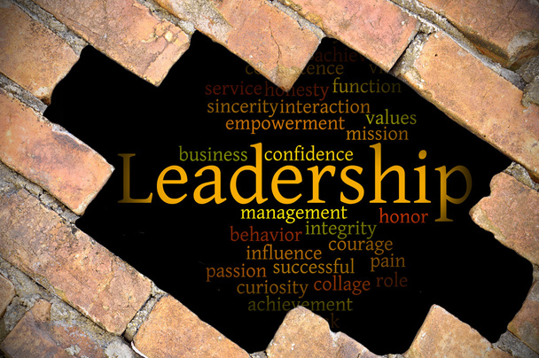 Buraco na parede de tijolo com liderança nuvem de palavras dentro
 - Foto, Imagem