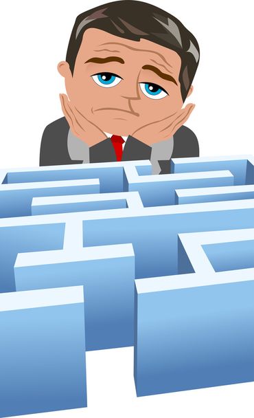 Discouraged businessman in front of a maze isolated - Vector, Image