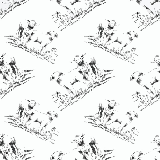 Goats and lambs on field pattern - Vecteur, image