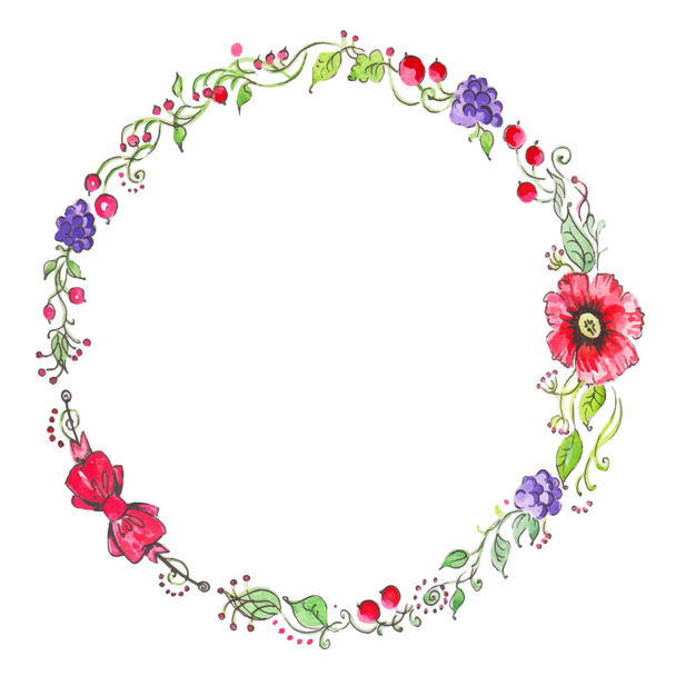 Watercolor vintage floral wreath. Hand printed round frame with flowers, barries and floral elements - Vector, Imagen