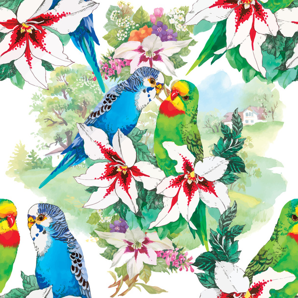 birds in blooming garden - Vektor, Bild