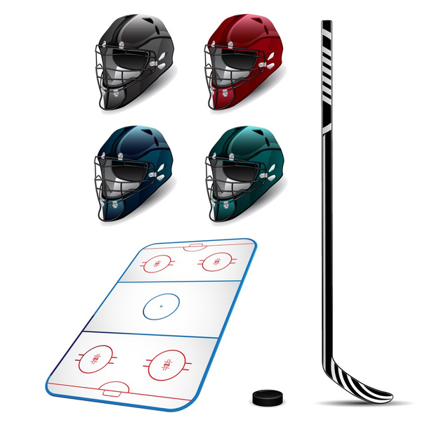 Goaltender helmet, hockey sticks, skate and puck - Vector, Image