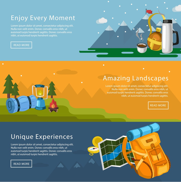 Colorful vector flat banner set. Quality design illustrations, elements and concept. The history of mountaineering. Unforgettable adventure. Hiking trail. - Vector, Image