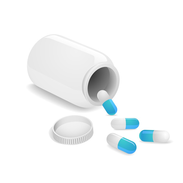 薬の錠剤、プラスチック製のボトル パッケージで医薬品 - ベクター画像