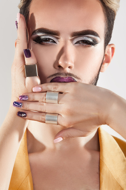 Close up portrait of gay fashion model with beard and makeup - Φωτογραφία, εικόνα