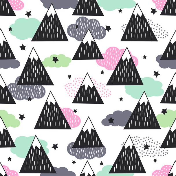 Seamless pattern with geometric snowy mountains, clouds and stars. - Vector, Image