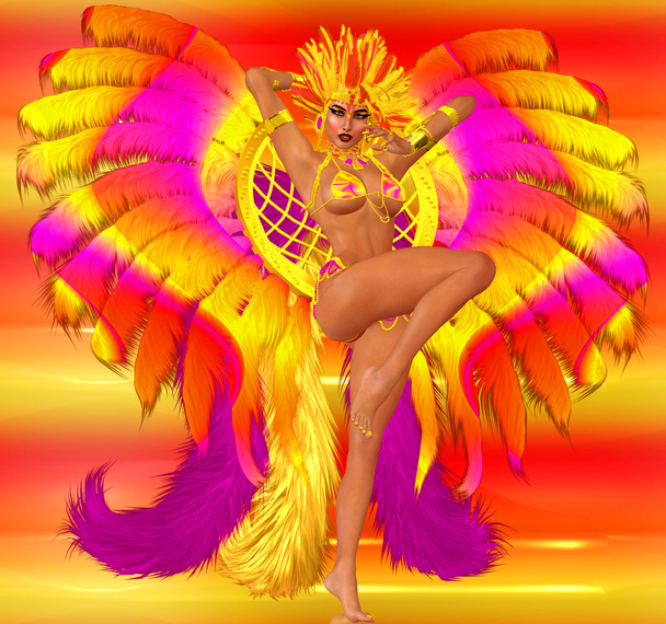 Carnival dancer woman in colorful feathers and headdress. - 写真・画像