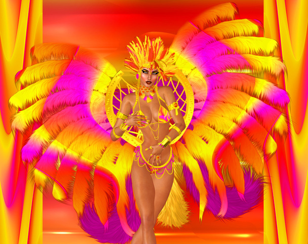 Карнавальная танцовщица в разноцветных перьях и головном уборе
. - Фото, изображение