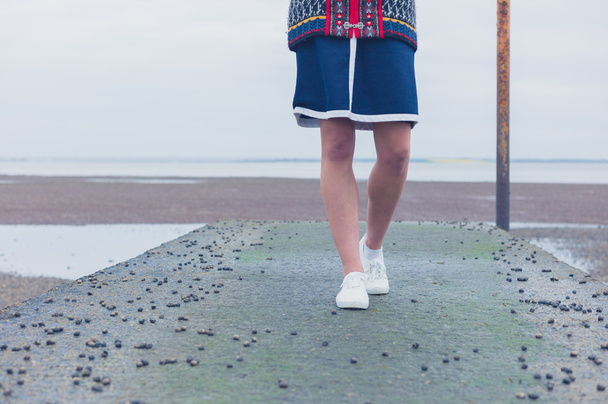 Woman walking on pier with whelks - Fotografie, Obrázek