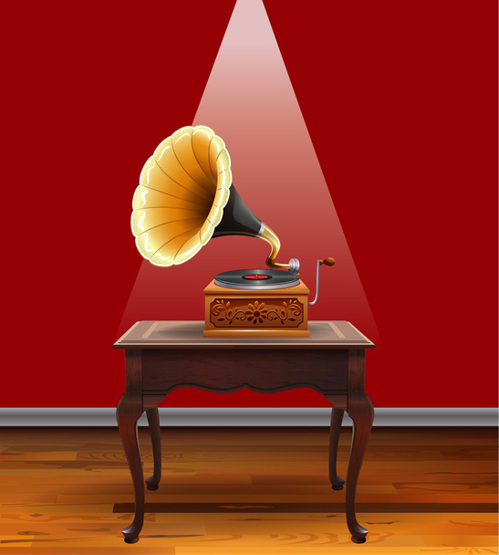 Retro grammophone on table - Vector, Image