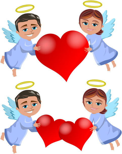 Christmas angels flying and holding big hearts isolated - Vector, Image