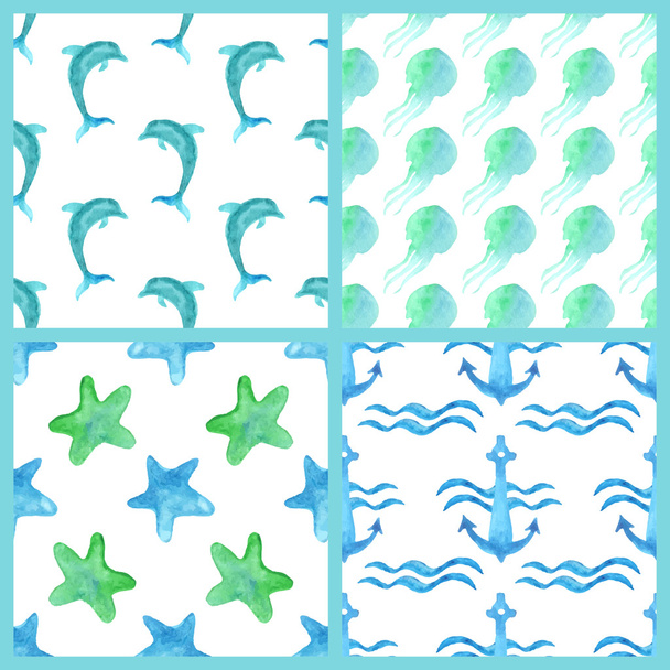 Set of watercolor marine seamless patterns.  - Vector, Image