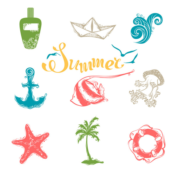 bright summer and travel symbols. - Vector, Imagen